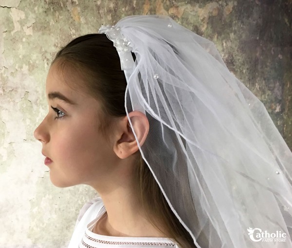 First Communion Headband Veil With Flowers and Pearls