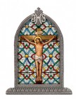 Crucifixion Glass Art in Arched Frame