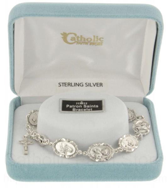 Eight Saints Sterling Silver Charm Bracelet with Crucifix