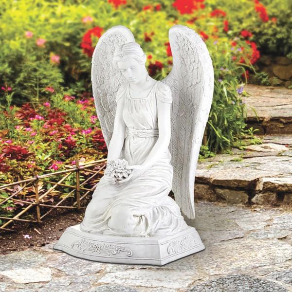 Kneeling Memorial Angel with Flowers Garden Statue 20" High