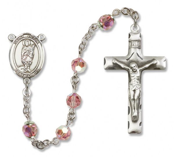 St. Victor of Marseilles Sterling Silver Heirloom Rosary Squared Crucifix - Light Rose