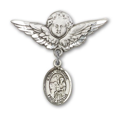 Silver tone Pin Badge with St. Jerome Charm and Angel with Larger Wings  Badge Pin