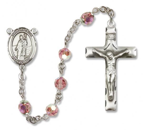St. Patrick Sterling Silver Heirloom Rosary Squared Crucifix - Light Rose