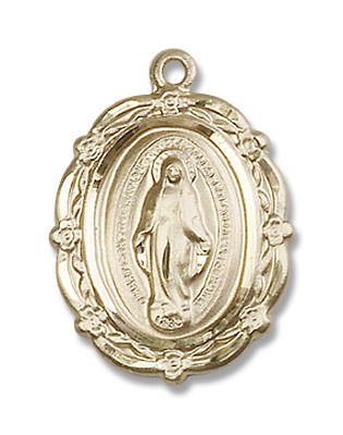 Floret Border Miraculous Medal Necklace - 14K Solid Gold