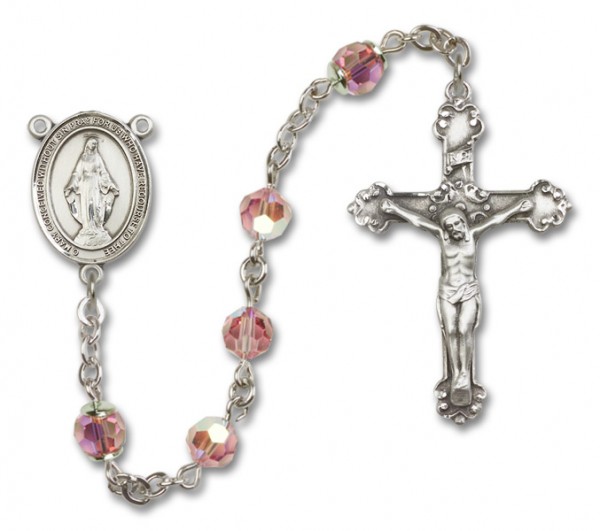 Miraculous Sterling Silver Heirloom Rosary Fancy Crucifix - Light Rose