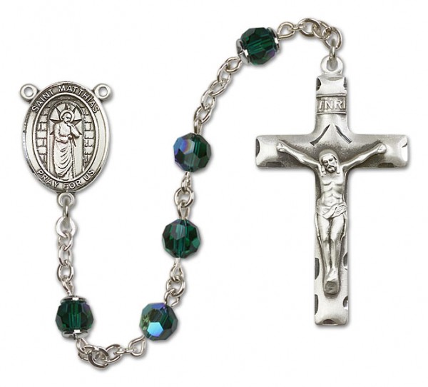 St. Matthias the Apostle Sterling Silver Heirloom Rosary Squared Crucifix - Emerald Green