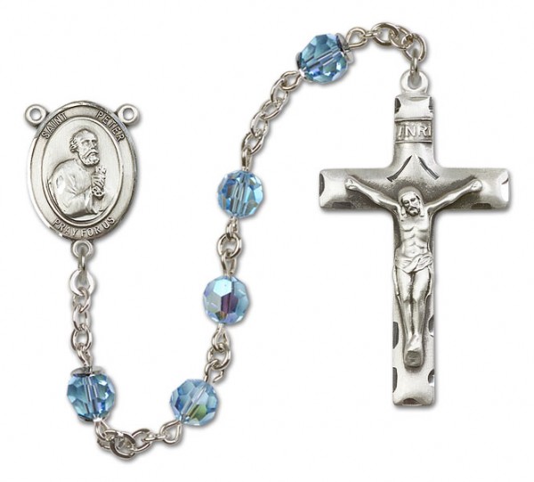 St. Peter the Apostle Sterling Silver Heirloom Rosary Squared Crucifix - Aqua