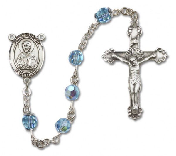 St. Timothy Sterling Silver Heirloom Rosary Fancy Crucifix - Aqua