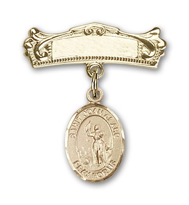 Pin Badge with St. Joan of Arc Charm and Arched Polished Engravable Badge Pin - 14K Solid Gold