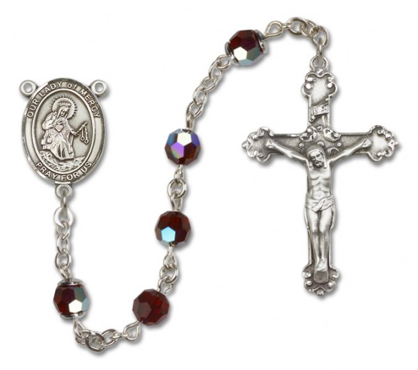 Our Lady of Mercy Sterling Silver Heirloom Rosary Fancy Crucifix - Garnet
