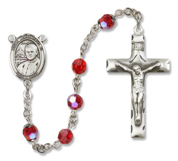 Pope John Paul II Sterling Silver Heirloom Rosary Squared Crucifix - Ruby Red