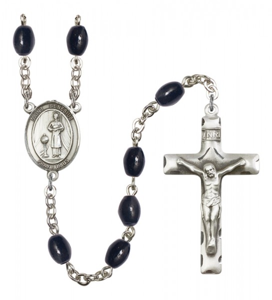 Men's St. Genesius of Rome Silver Plated Rosary - Black Oval