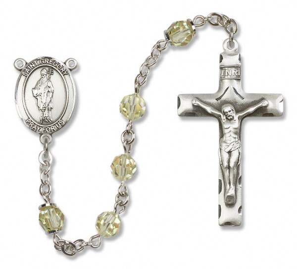 St. Gregory the Great Sterling Silver Heirloom Rosary Squared Crucifix - Zircon