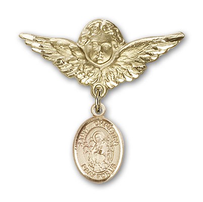Pin Badge with St. Christina the Astonishing Charm and Angel with Larger Wings Badge Pin - Gold Tone