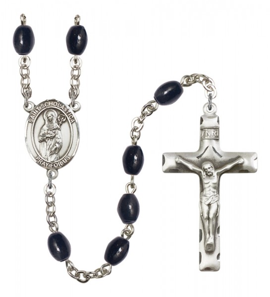 Men's St. Scholastica Silver Plated Rosary - Black Oval