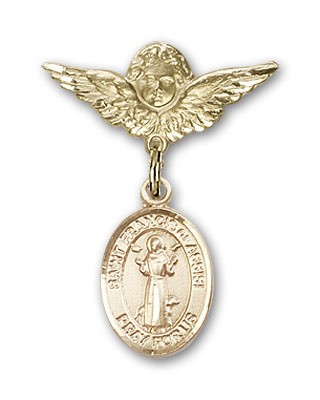 Pin Badge with St. Francis of Assisi Charm and Angel with Smaller Wings Badge Pin - Gold Tone