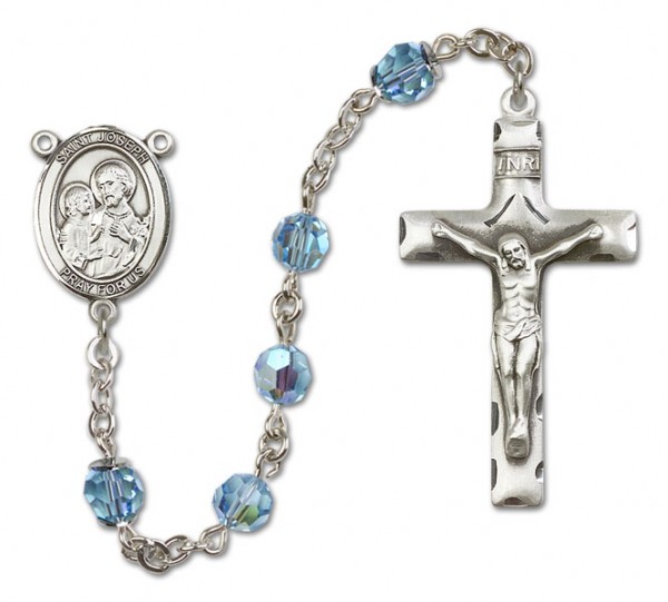 St. Joseph Sterling Silver Heirloom Rosary Squared Crucifix - Aqua