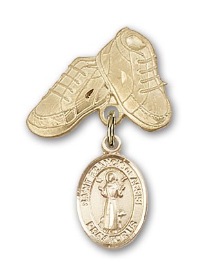 Pin Badge with St. Francis of Assisi Charm and Baby Boots Pin - 14K Solid Gold