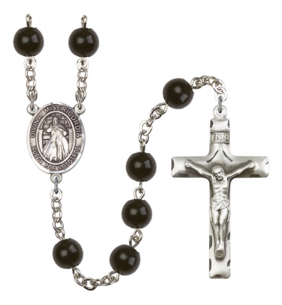 Men's Divina Misericordia Silver Plated Rosary - Black