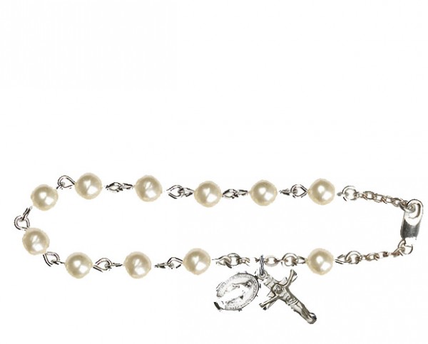 Rosary Bracelet with imitation Pearl Bead Silver Plated Chain