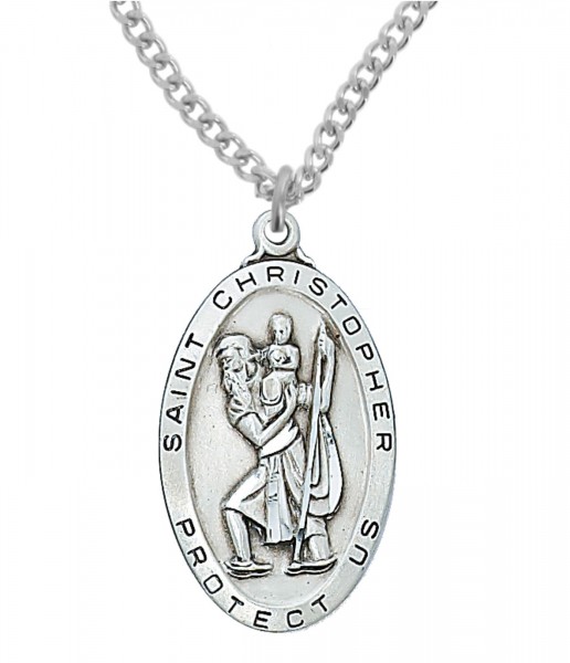 Men's Large Oblong St. Christopher Necklace Sterling Silver - 1.5 Inches