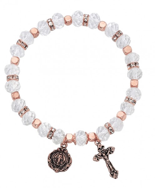 Women's Stretch Bracelet with Crystal and Copper Beads Cross and Mary Charms