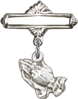 Sterling Silver Engravable Baby Pin with Praying Hands Charm