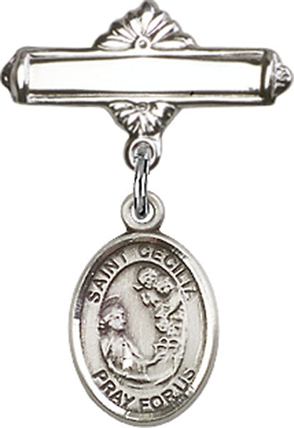 St. Cecilia Charm and Polished Engravable Badge Pin