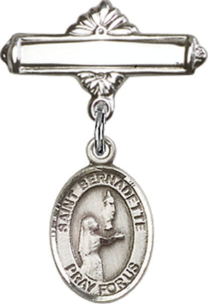 St. Bernadette Charm and Polished Engravable Badge Pin