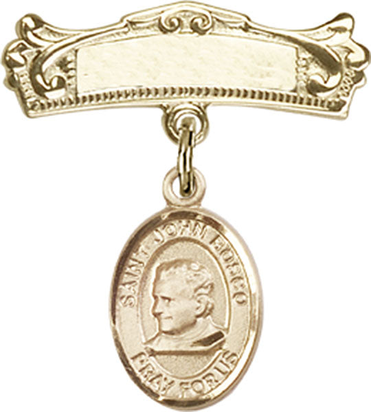 St. John Bosco Charm and Arched Polished Engravable Badge Pin