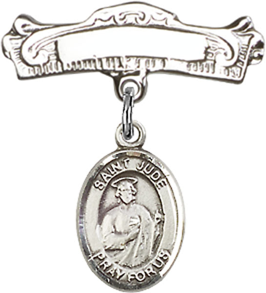 St. Jude Thaddeus Charm and Arched Polished Engravable Badge Pin