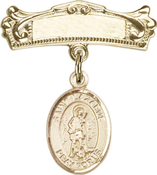 St. Lazarus Charm and Arched Polished Engravable Badge Pin