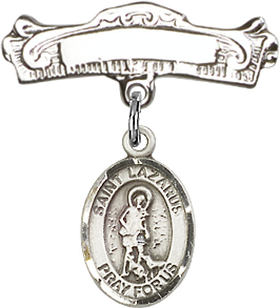 St. Lazarus Charm and Arched Polished Engravable Badge Pin