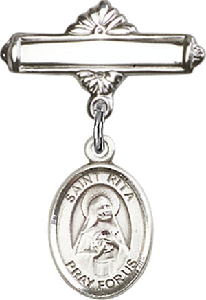 St. Rita of Cascia Charm and Polished Engravable Badge Pin