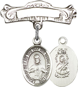 Scapular Charm and Arched Polished Engravable Badge Pin