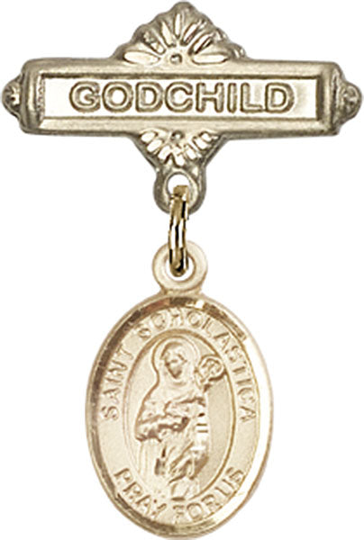 St. Scholastica Charm and Godchild Badge Pin