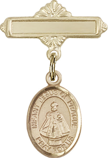 Infant of Prague Charm and Polished Engravable Badge Pin