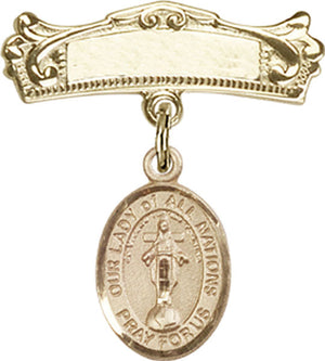 Our Lady of All Nations Charm and Arched Polished Engravable Badge Pin