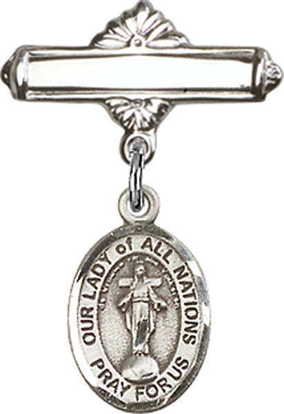 Our Lady of All Nations Charm and Polished Engravable Badge Pin