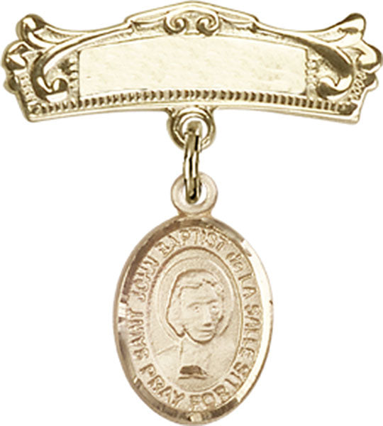 St. John Baptist de la Salle Charm and Arched Polished Engravable Badge Pin