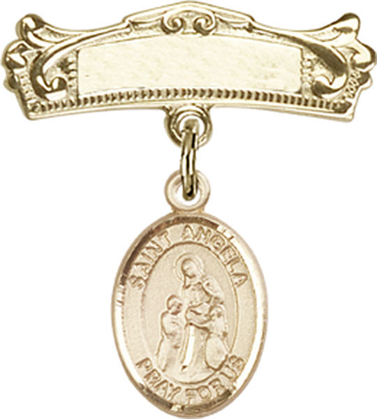 St. Angela Merici Charm and Arched Polished Engravable Badge Pin