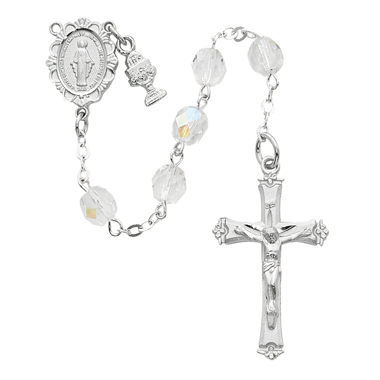 First Communion Tin Cut Crystal Rosary with Miraculous Centerpiece