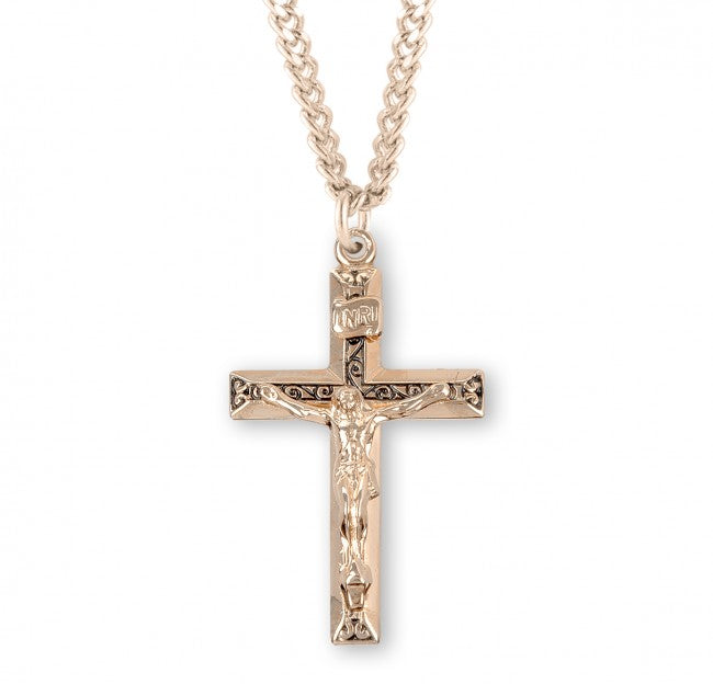 Raised Scroll Gold Crucifix Medal