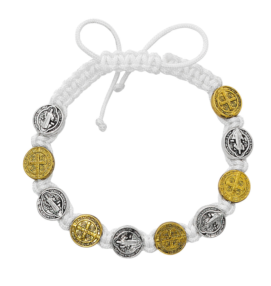 Adjustable White Corded Two-Tone St. Benedict Bracelet for Women